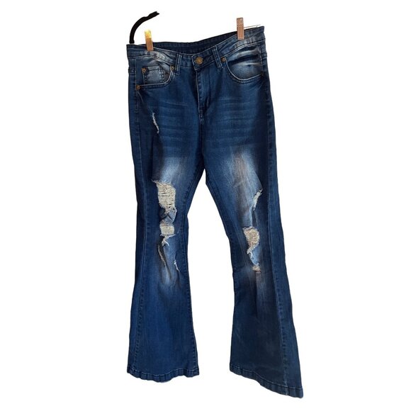 Distressed Blue Flared Jeans Medium M Stretch Denim Casual Womens Pants - Picture 1 of 5